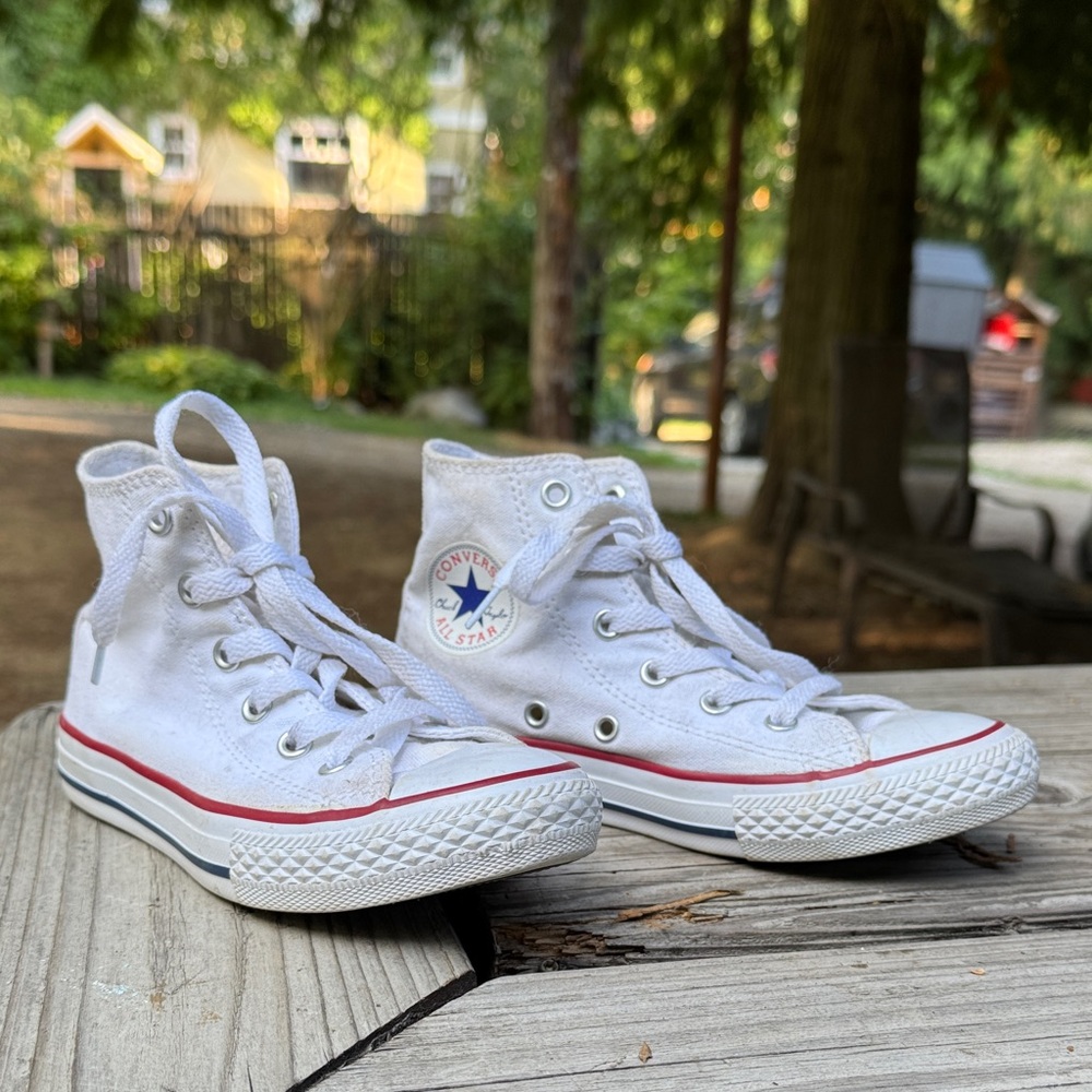 Converse White High-Tops with Red and Blue Accents